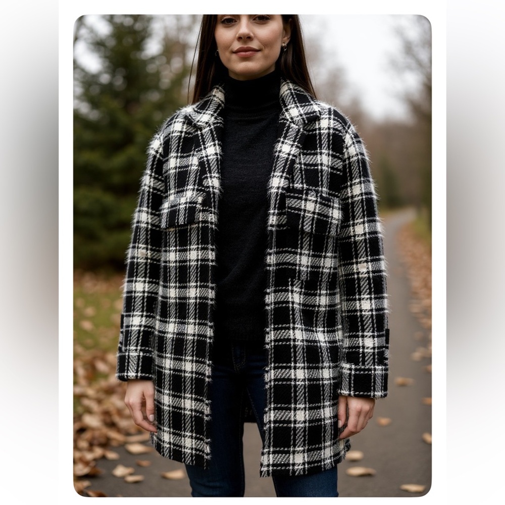 Zara Tweed Plaid Oversized Button Up Shacket Shirt